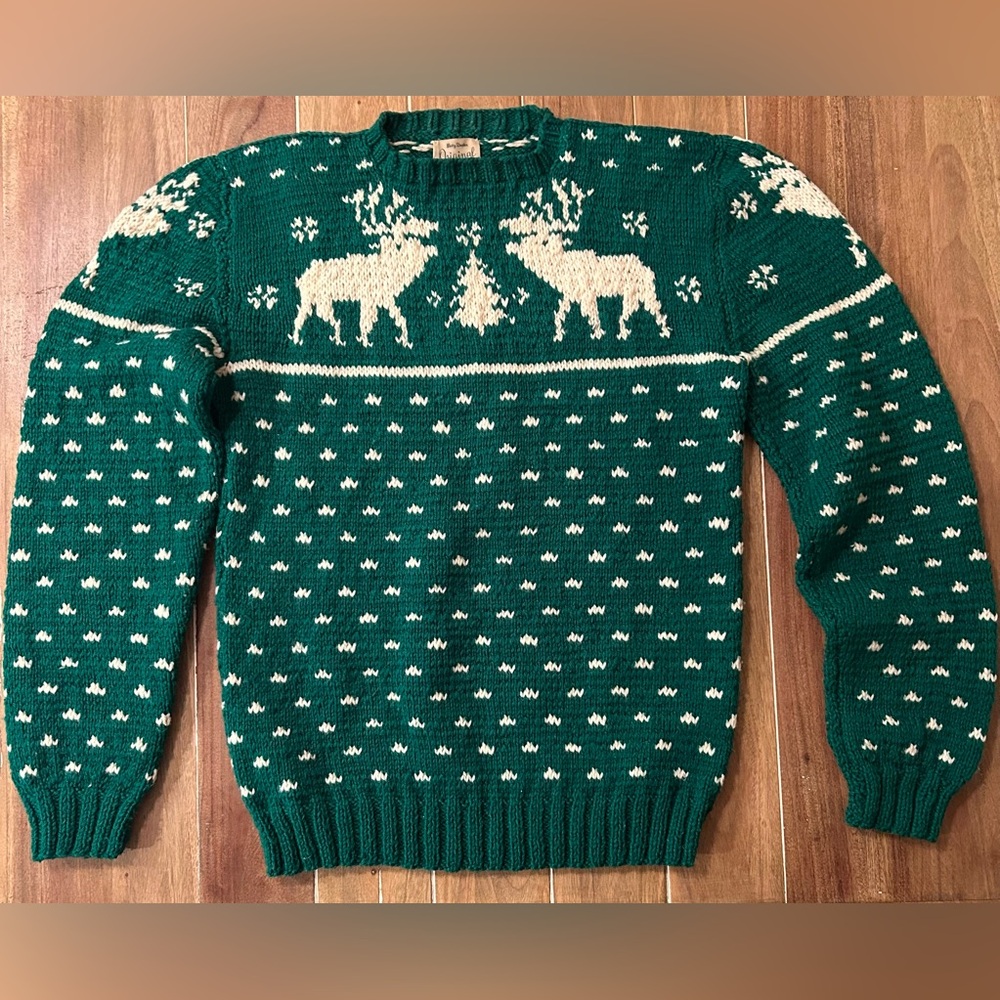 Original reindeer sweater hand knit by Betty Dexter.